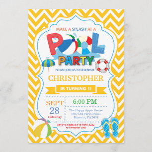 Pool Party Invitation Yellow Splish Splash Boy