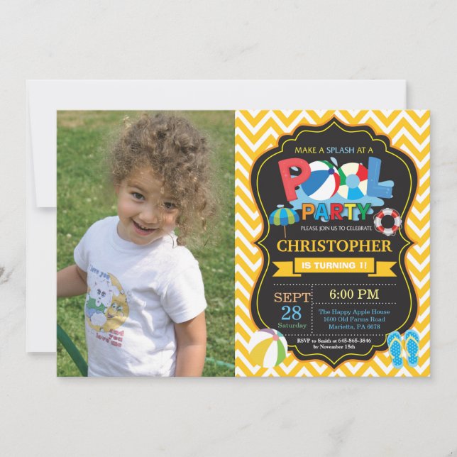 Pool Party Invitation Yellow Splish Splash Boy (Front)