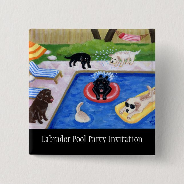 Pool Party Labradors 2 Inch Square Button (Front)