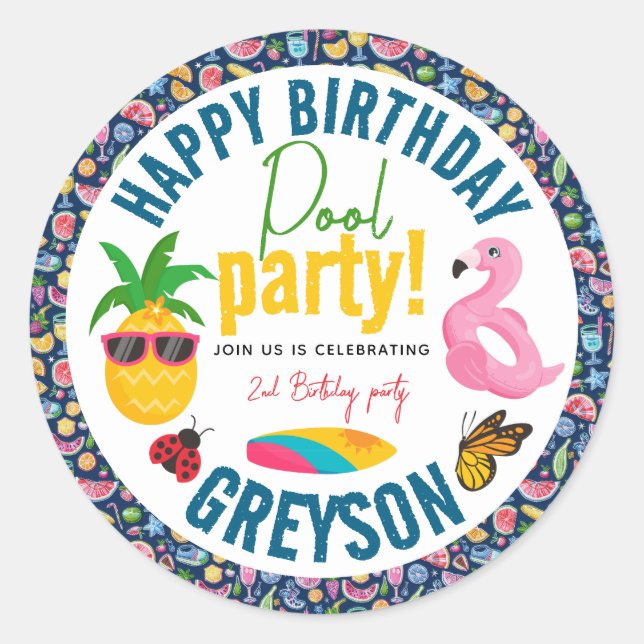 Pool Party | Modern Summer Themed Birthday Party Classic Round Sticker (Front)