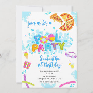 Pool Party Modern Summer Themed Birthday Party Invitation