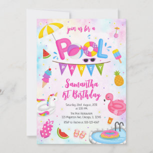 Pool Party Modern Summer Themed Birthday Party Invitation