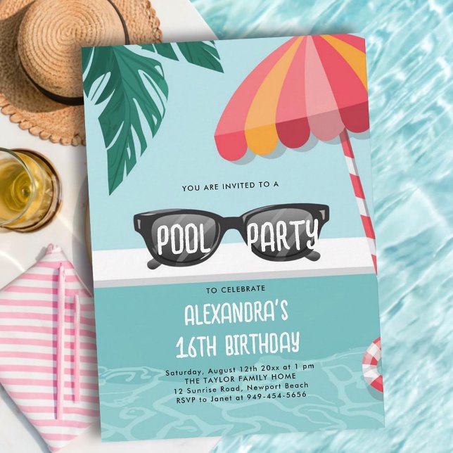 Pool Party Modern Tropical Leaf Fun Cute Sweet 16 Invitation (sweet 16 pool party invitations pink teal tropical leaf modern simple fun cool teen sunglasses cute)