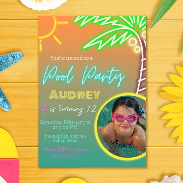 Pool Party Neon Invitation with Picture (Creator Uploaded)