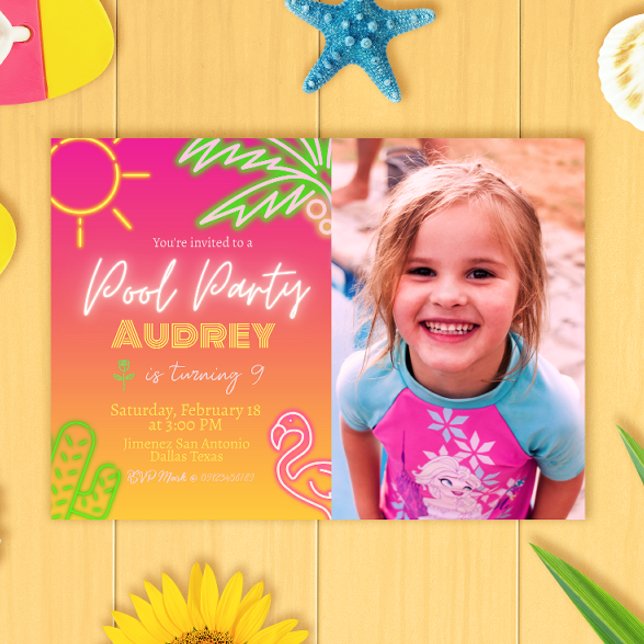 Pool Party Neon Pink Invitation with Picture (Creator Uploaded)