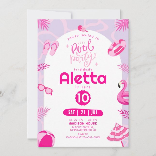 Pool Party Pink Editable Birthday Invitation (Front)