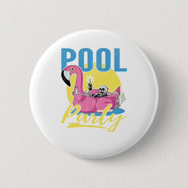 Pool Party Pink Flamingo Skull 2 Inch Round Button (Front)
