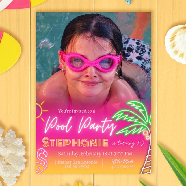 Pool Party Pink with Photo Minimalist Invitation (Creator Uploaded)