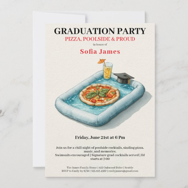 Pool Party Pizza Graduation Celebration Invitation (Devant)