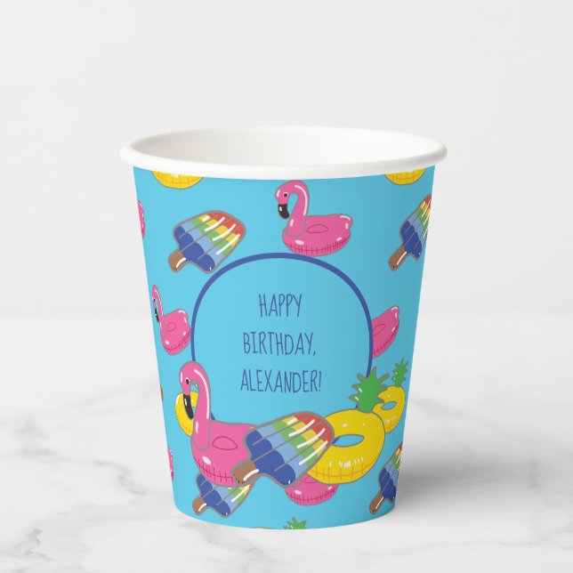 Pool Party Pool Floats Patterned Personalized Paper Cups (Front)