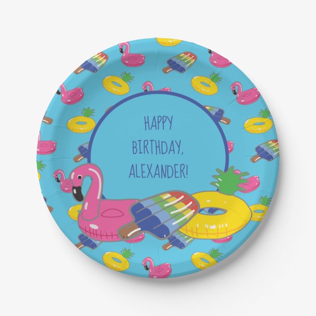 Pool Party Pool Floats Patterned Personalized Paper Plate (Front)