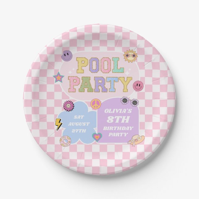Pool Party Preppy Varsity Patch Birthday Party Paper Plate (Front)