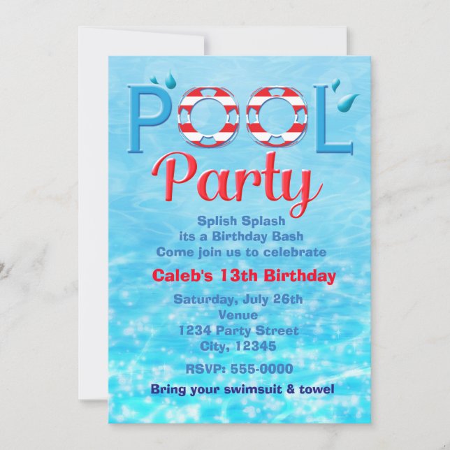 POOL PARTY Red Birthday Typography Swim Invitation (Front)