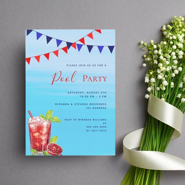 Pool party red drink blue water invitation (Creator Uploaded)