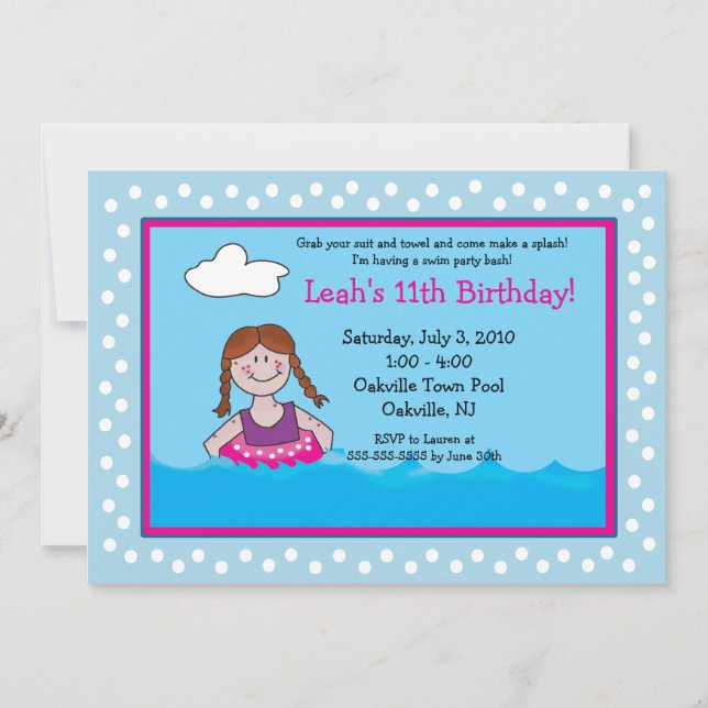 POOL Party Red head Girl 5x7 Birthday Invitations (Front)