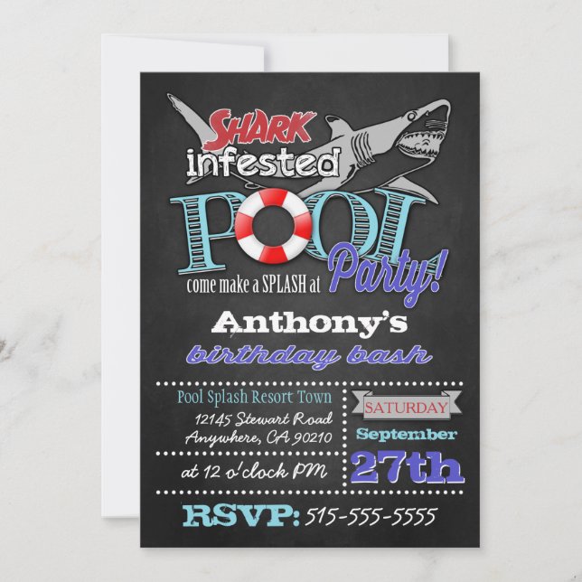 Pool Party Shark Birthday Invitations (Front)