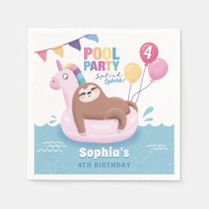 Pool Party Sloth with Balloons Summer Birthday Nap Napkin
