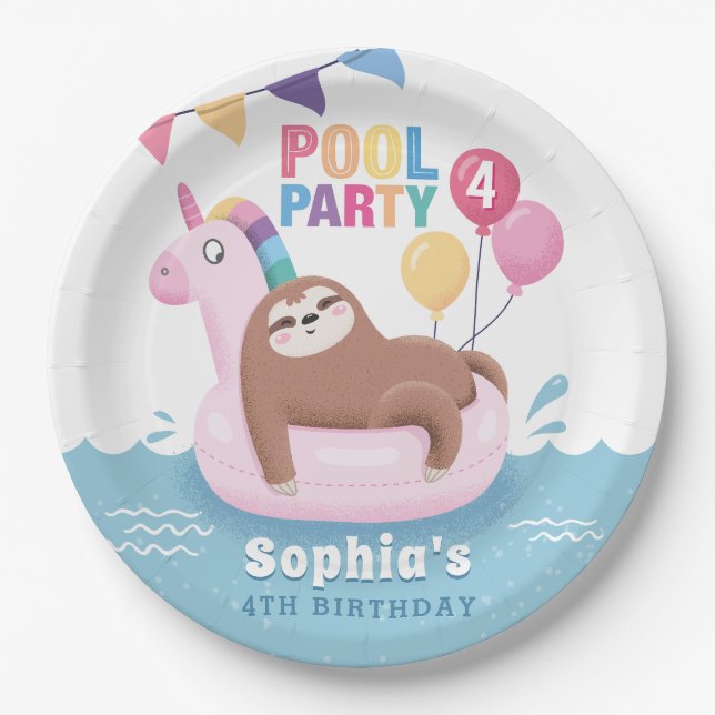 Pool Party Sloth with Balloons Summer Birthday Paper Plate (Front)
