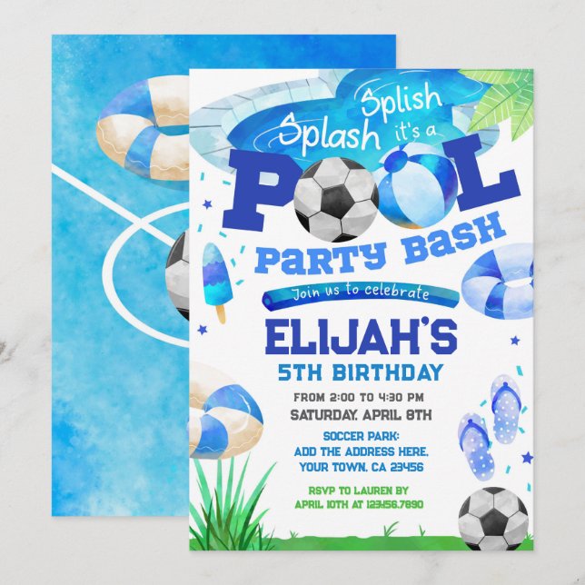 Pool Party Soccer Birthday Invitation (Front/Back)