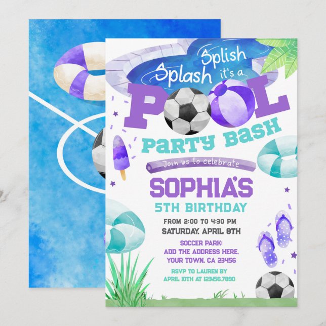 Pool Party Soccer Birthday Invitation (Front/Back)