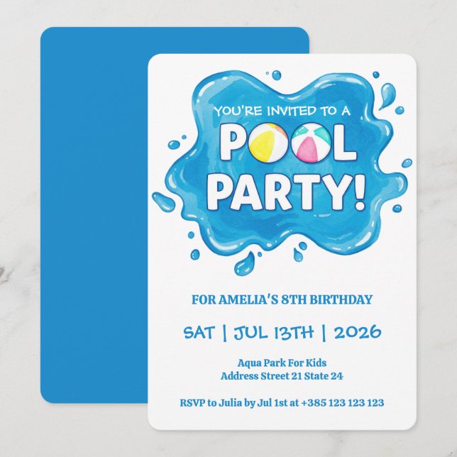 Pool Party Splash Birthday Invitation  (Front/Back)