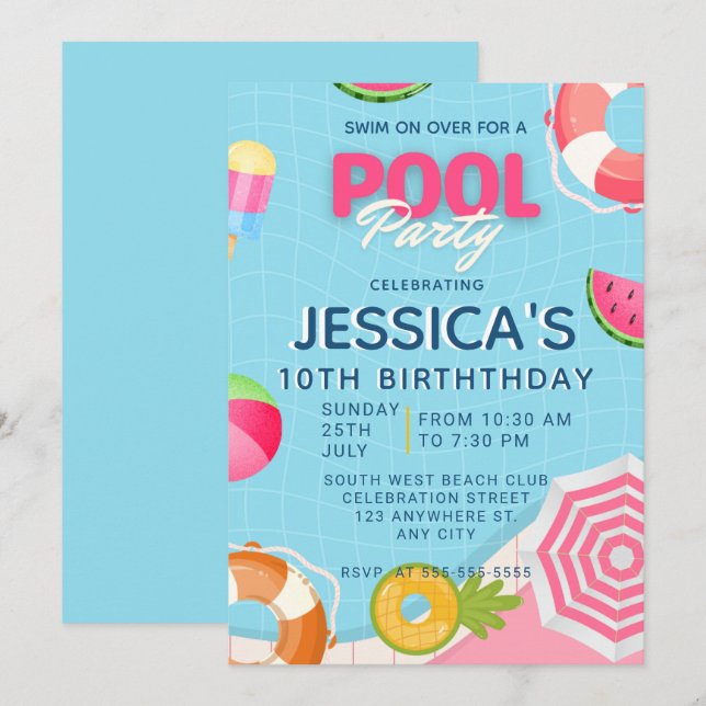 Pool Party Splish Splash Pool Birthday Invitation (Front/Back)