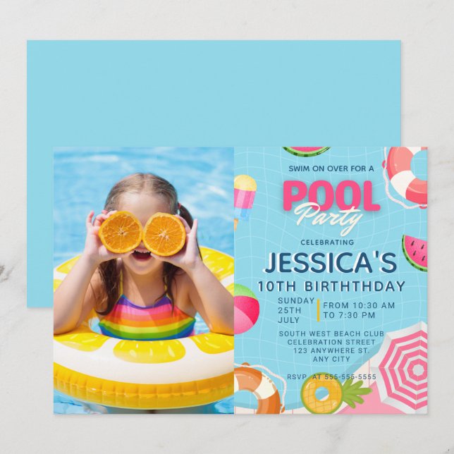 Pool Party Splish Splash Pool Birthday Invitation (Front/Back)