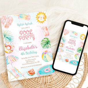 Pool Party Splish Splash Summer Beach Birthday Invitation