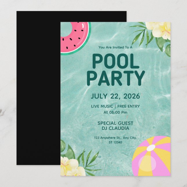 Pool Party Summer Birthday Invitation  (Front/Back)