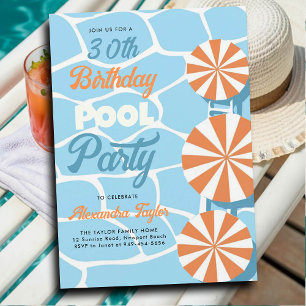 Pool Party Summer Blue Orange Umbrellas Birthday Invitation