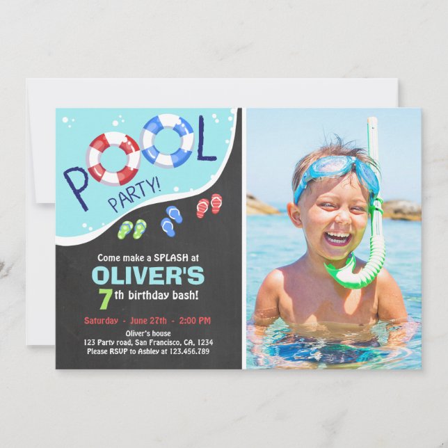 Pool Party Summer Chalkboard Birthday Invitation (Front)