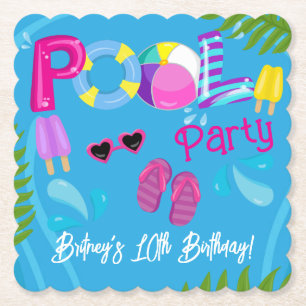 Pool Party Summer Girl Birthday Party Paper Coaster