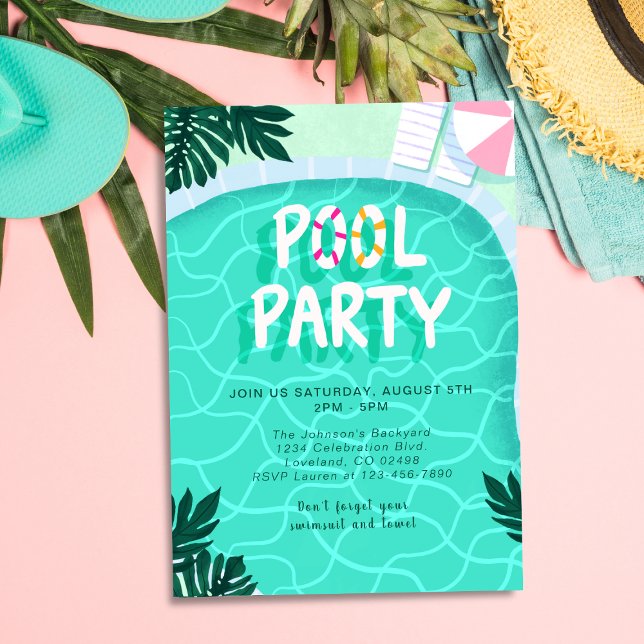 Pool Party Summer Modern Tropical Trendy Fun Cool Invitation (Creator Uploaded)