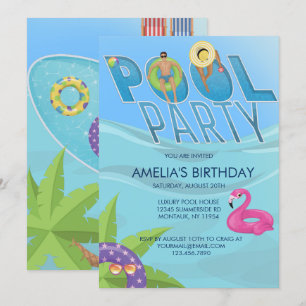Pool Party Summer   Swimming Birthday  Invitation