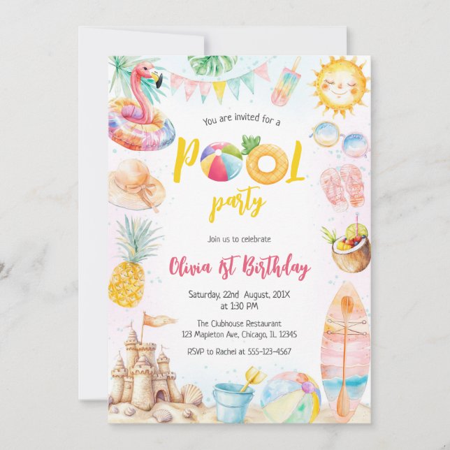 Pool Party Summer Theme Birthday Party Invitation (Devant)