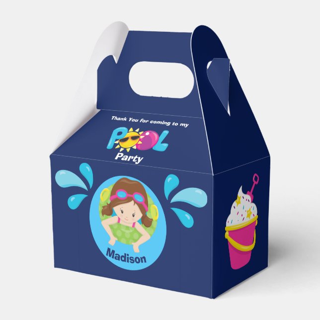 Pool Party Swim Girl Birthday Cute Blue Thank You Favor Box (Front Side)