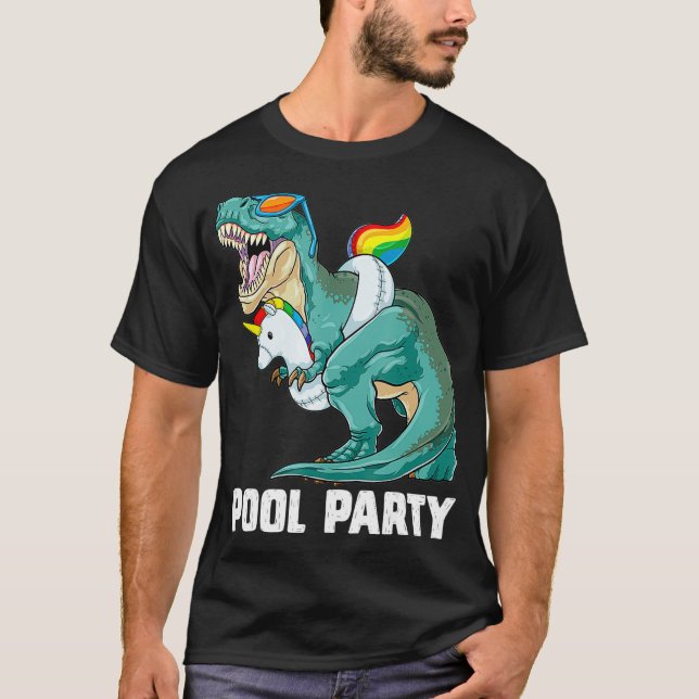 Pool Party T Rex Dinosaur Unicorn Float Summer Rai T-Shirt (Front)