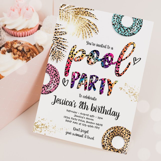 Pool Party Tie Dye Leopard Print Pool Birthday Invitation (Creator Uploaded)