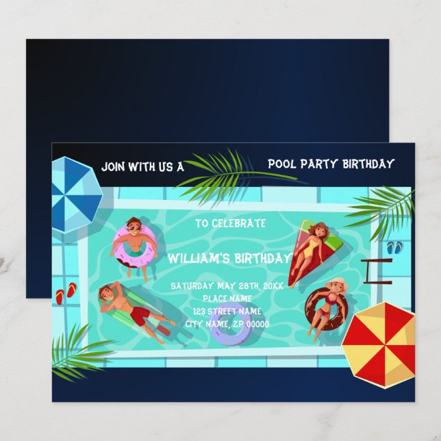 Pool Party Tout âge Anniversaire Invitation (Devant / Derrière)