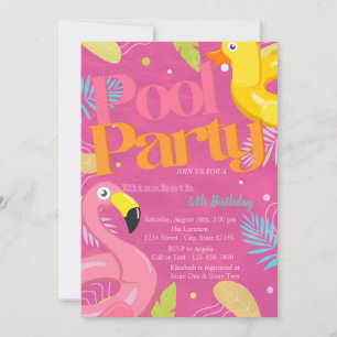 Pool Party Toys Tropical Leaves Birthday Invitation
