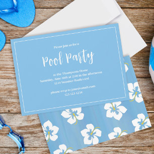 Pool Party Tropical Summer Blue Floral Hibiscus Invitation