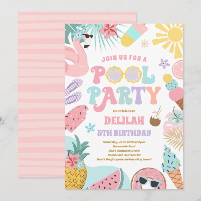 Pool Party Tropical Summer Pool Birthday Party Invitation (Front/Back)