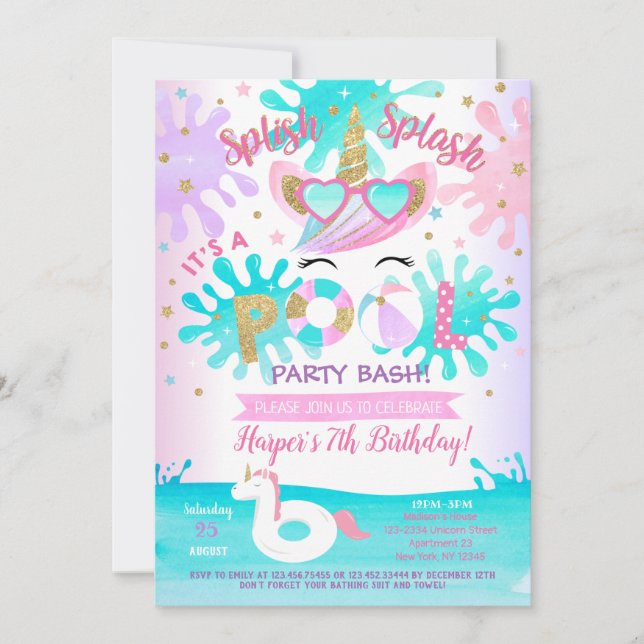 Pool Party Unicorn Anniversaire Fête Invitations F (Devant)