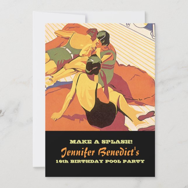 Pool Party Vintage Illustration Custom Invitation (Front)