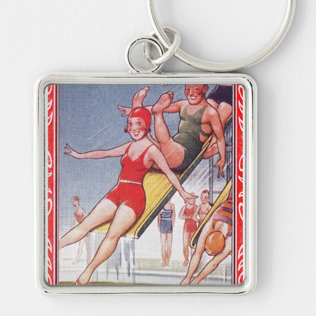 Pool Party Vintage Swimming Summer Keychain (Front)