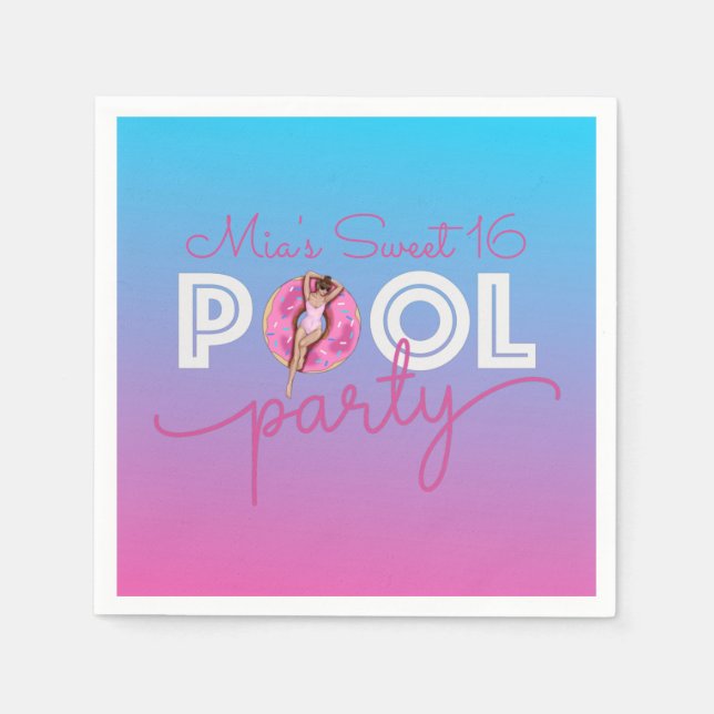 Pool Party Watercolor Ombre Doughnut Float Party Napkin (Front)