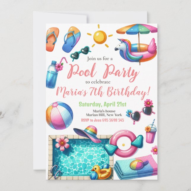 Pool Party Watercolor Summer Themed Birthday Invitation (Front)