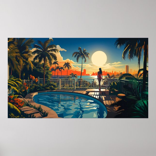 Pool patio at sunrise overlooking Miami Beach Poster (Front)