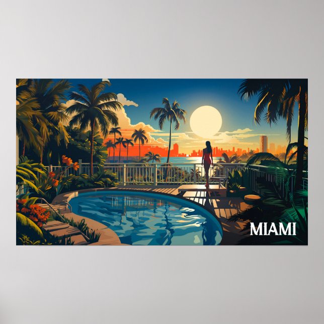 Pool patio at sunrise overlooking Miami Beach Poster (Front)