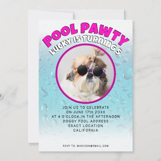 Pool pawty puppy dog custom photo birthday party invitation (Front)
